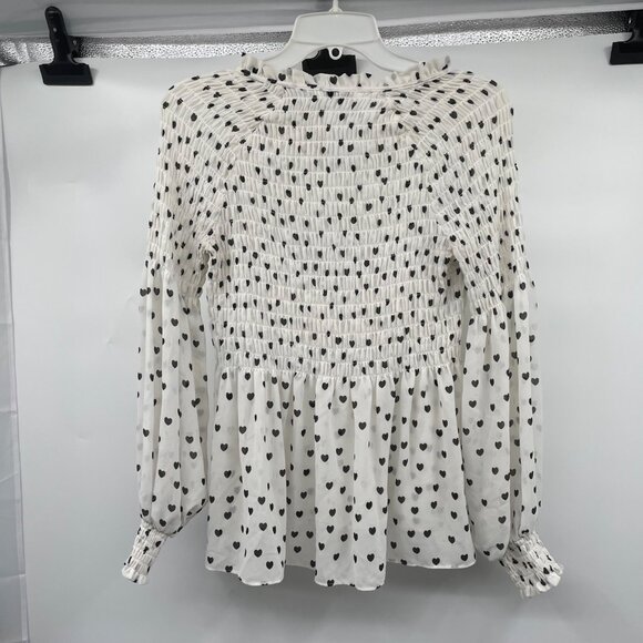 Rose + Olive Heart Print Blouse Long Sleeve Smocked Ivory/Black Size Small - Picture 7 of 8